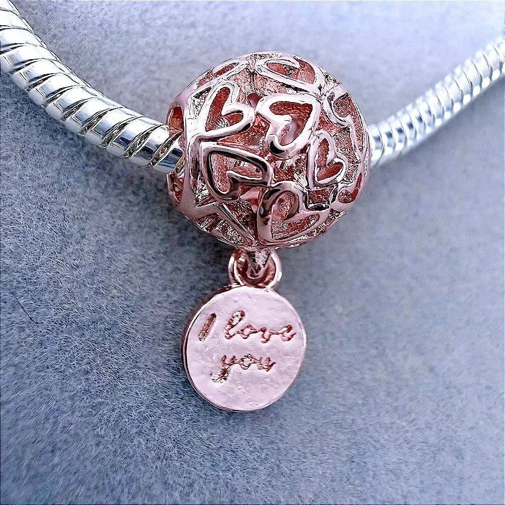 Rose Gold Holo Heart I Love You Dangle European Charm Bead fits PANDORA